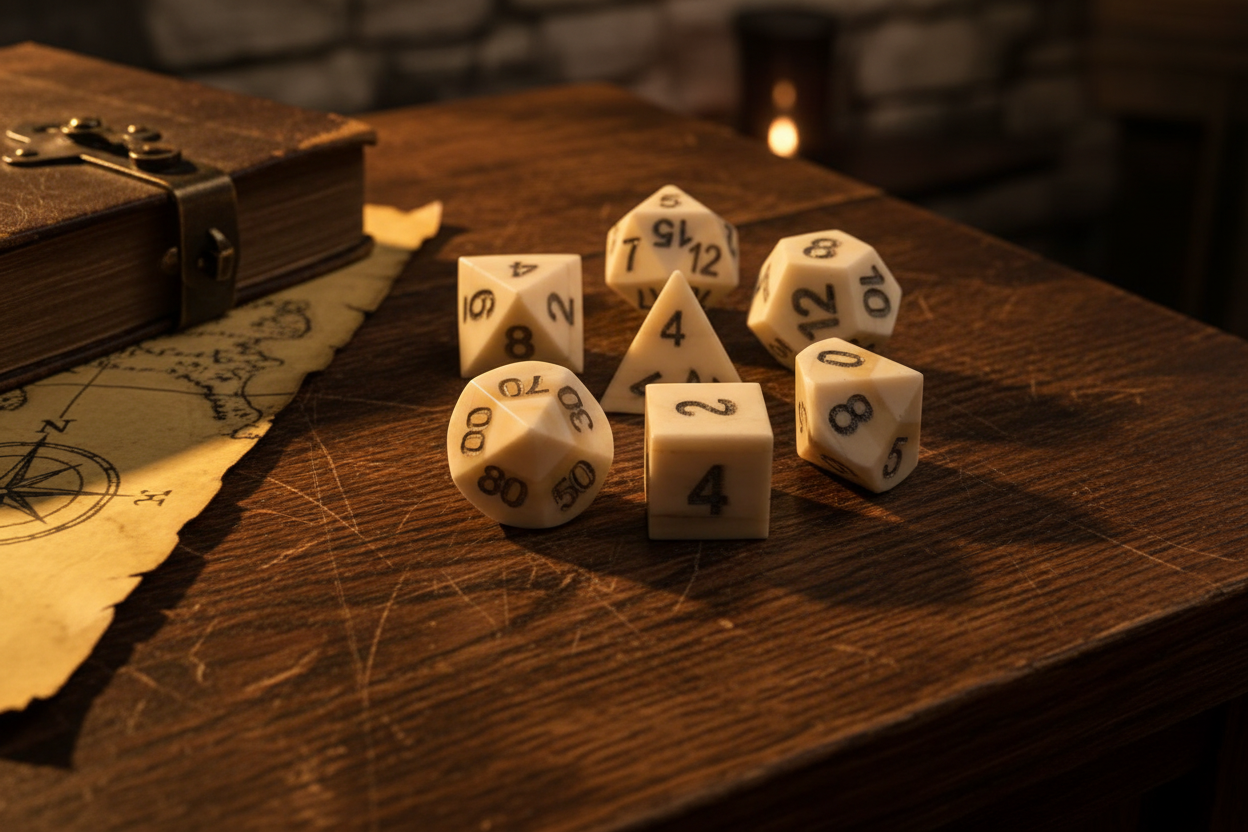 Buffalo Bone Dice Set in Medieval Setting